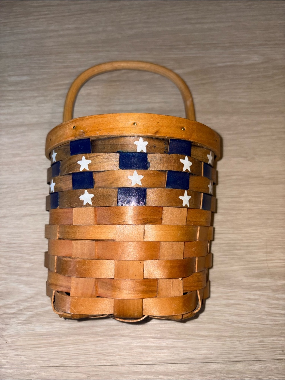 Handwoven Americana Wooden Basket with Blue and White Star Accents